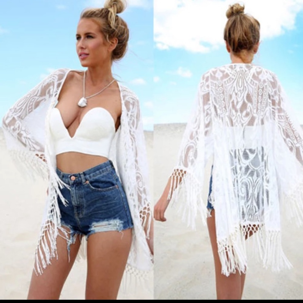 Boho White Crochet Kimono